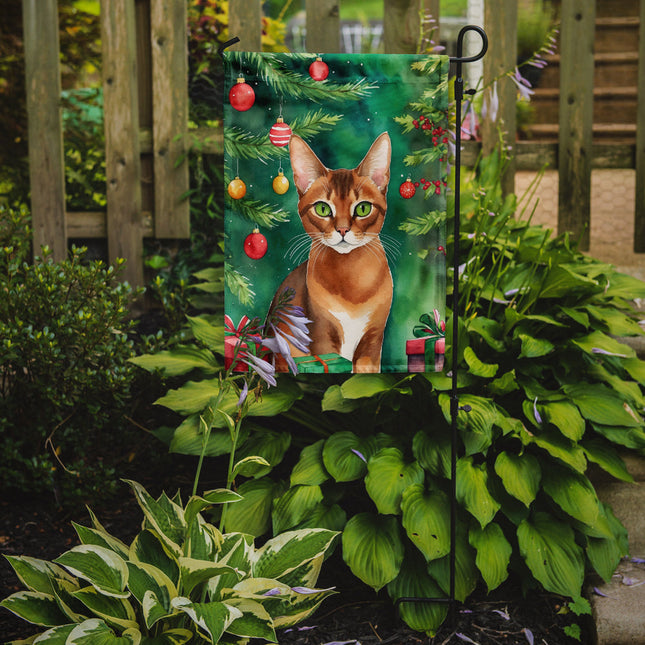 Abyssinian Cat by the Christmas Tree Garden Flag