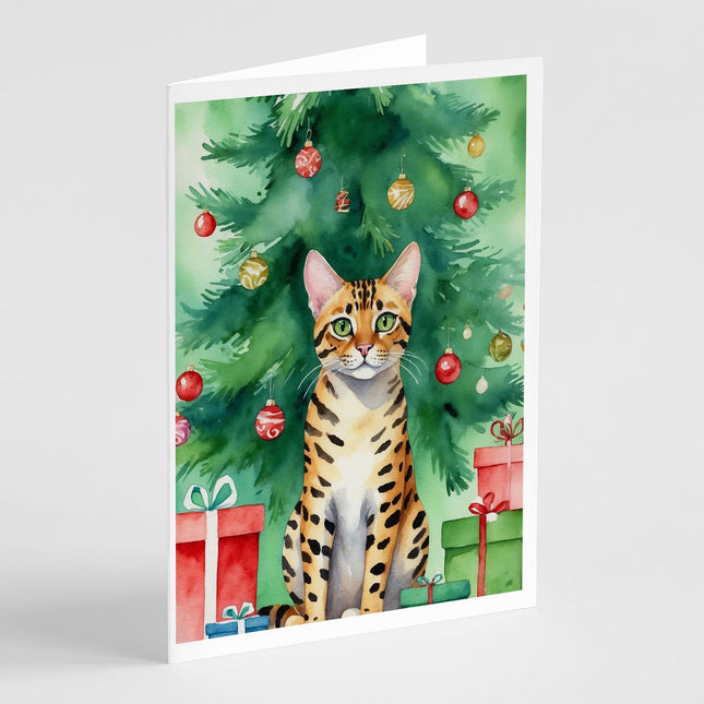 Bengal Cat by the Christmas Tree Greeting Cards Pack of 8