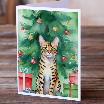 Bengal Cat by the Christmas Tree Greeting Cards Pack of 8