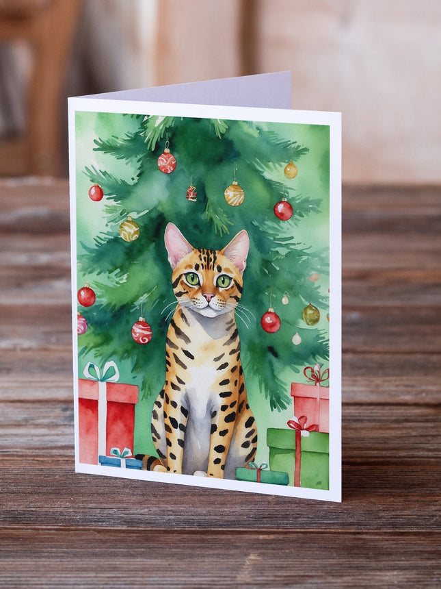 Bengal Cat by the Christmas Tree Greeting Cards Pack of 8