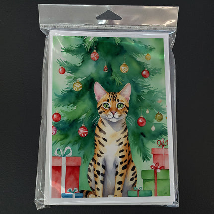 Bengal Cat by the Christmas Tree Greeting Cards Pack of 8