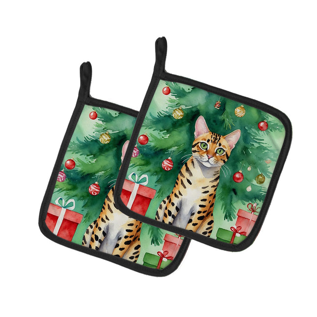 Bengal Cat by the Christmas Tree Pair of Pot Holders