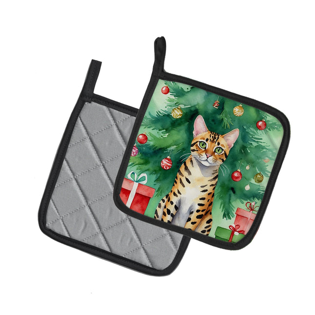 Bengal Cat by the Christmas Tree Pair of Pot Holders