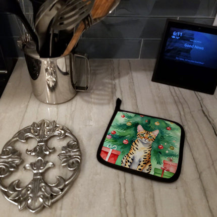 Bengal Cat by the Christmas Tree Pair of Pot Holders