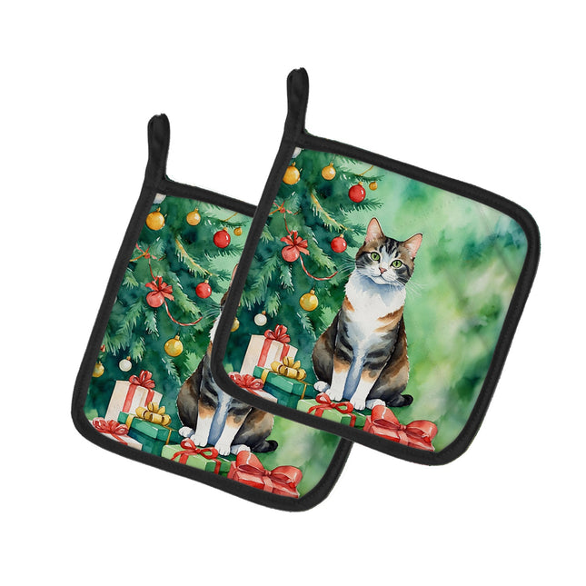 Manx Cat by the Christmas Tree Pair of Pot Holders