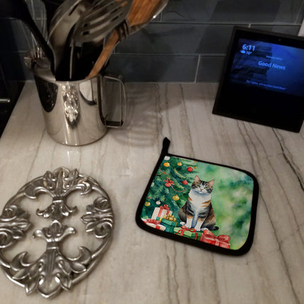 Manx Cat by the Christmas Tree Pair of Pot Holders
