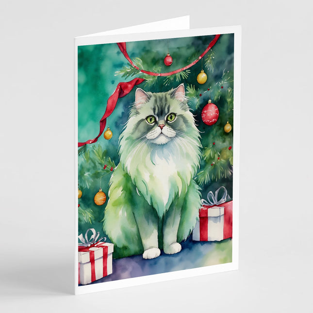 Persian Cat by the Christmas Tree Greeting Cards Pack of 8