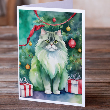 Persian Cat by the Christmas Tree Greeting Cards Pack of 8