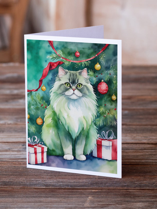 Persian Cat by the Christmas Tree Greeting Cards Pack of 8