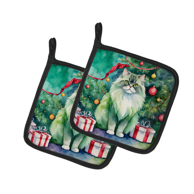 Persian Cat by the Christmas Tree Pair of Pot Holders