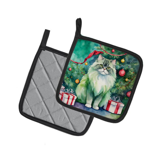 Persian Cat by the Christmas Tree Pair of Pot Holders