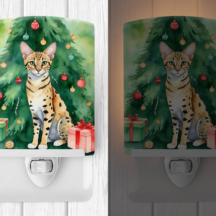 Savannah Cat by the Christmas Tree Ceramic Night Light