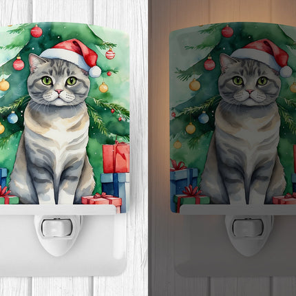 Scottish Fold Cat by the Christmas Tree Ceramic Night Light