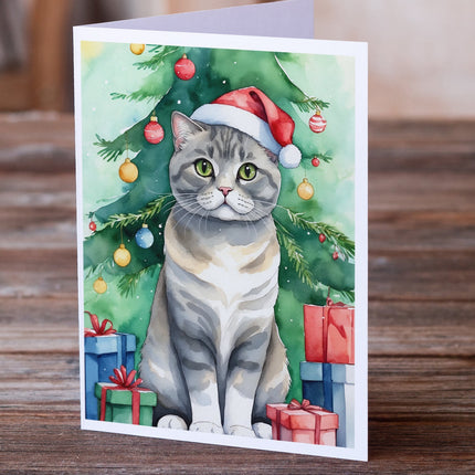 Scottish Fold Cat by the Christmas Tree Greeting Cards Pack of 8