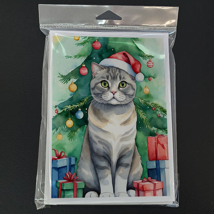 Scottish Fold Cat by the Christmas Tree Greeting Cards Pack of 8
