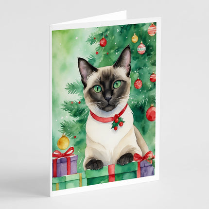 Siamese Cat by the Christmas Tree Greeting Cards Pack of 8