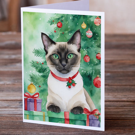 Siamese Cat by the Christmas Tree Greeting Cards Pack of 8