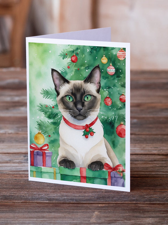 Siamese Cat by the Christmas Tree Greeting Cards Pack of 8