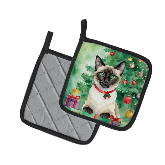 Siamese Cat by the Christmas Tree Pair of Pot Holders