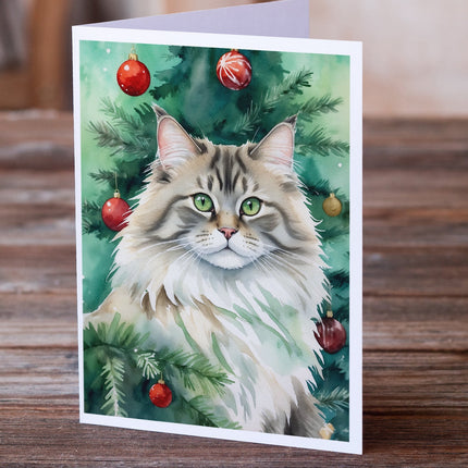 Siberian Cat by the Christmas Tree Greeting Cards Pack of 8