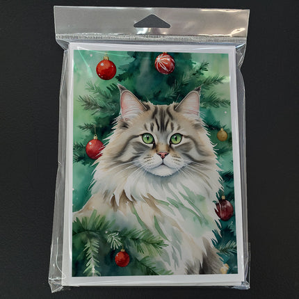 Siberian Cat by the Christmas Tree Greeting Cards Pack of 8