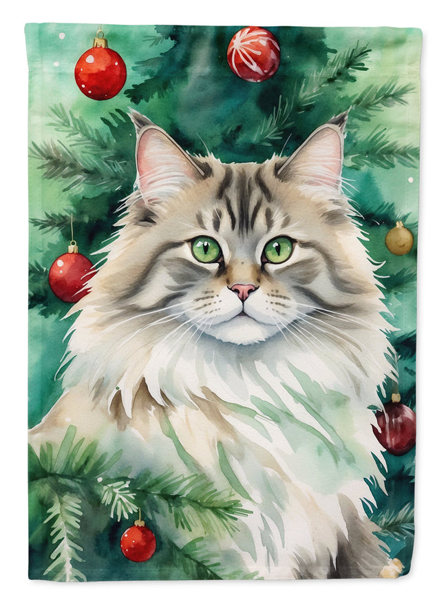 Siberian Cat by the Christmas Tree Garden Flag