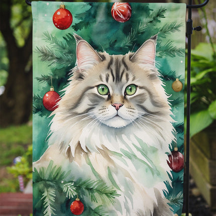 Siberian Cat by the Christmas Tree Garden Flag
