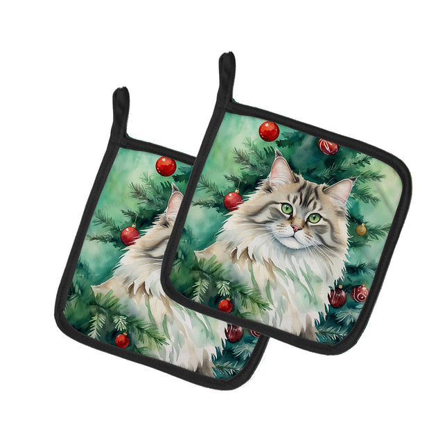 Siberian Cat by the Christmas Tree Pair of Pot Holders