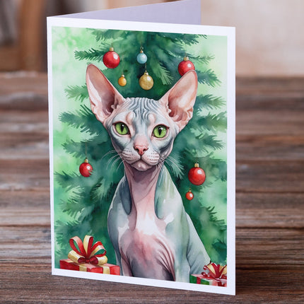 Sphynx Cat by the Christmas Tree Greeting Cards Pack of 8