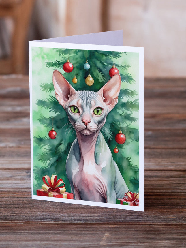Sphynx Cat by the Christmas Tree Greeting Cards Pack of 8