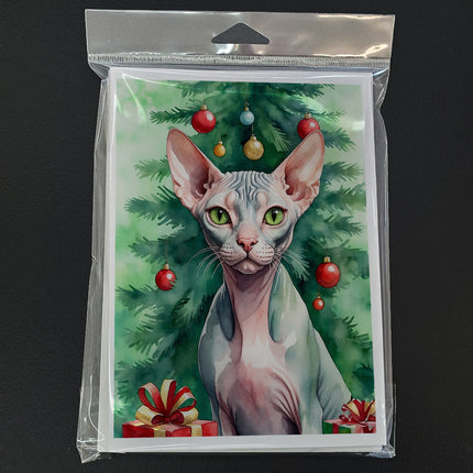 Sphynx Cat by the Christmas Tree Greeting Cards Pack of 8