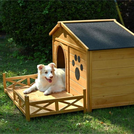 48" Wooden Dog House Outdoor With Porch, Dog Kennel With Water-Resistant Asphalt Roof and Fencing,Indoor & Outdoor Dog C