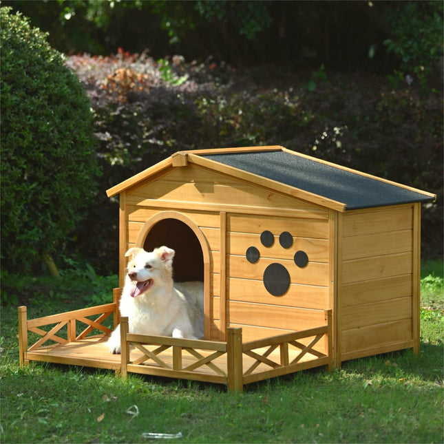 48" Wooden Dog House Outdoor With Porch, Dog Kennel With Water-Resistant Asphalt Roof and Fencing,Indoor & Outdoor Dog C