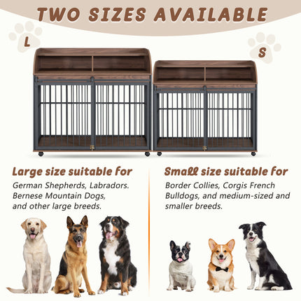 44'' Heavy Duty Large Dog Crate Furniture for Large Medium Dog With Lockable Wheels, Wooden Dog Crate Dog Kennel, End Ta