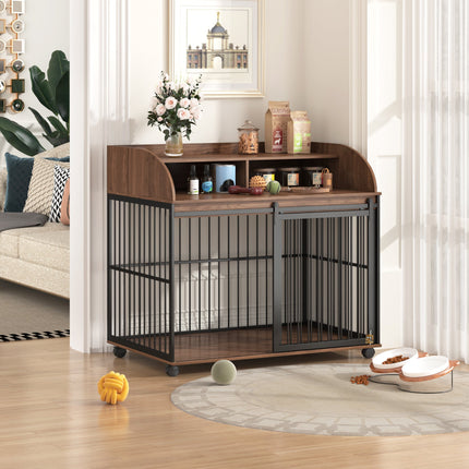 44'' Heavy Duty Large Dog Crate Furniture for Large Medium Dog With Lockable Wheels, Wooden Dog Crate Dog Kennel, End Ta