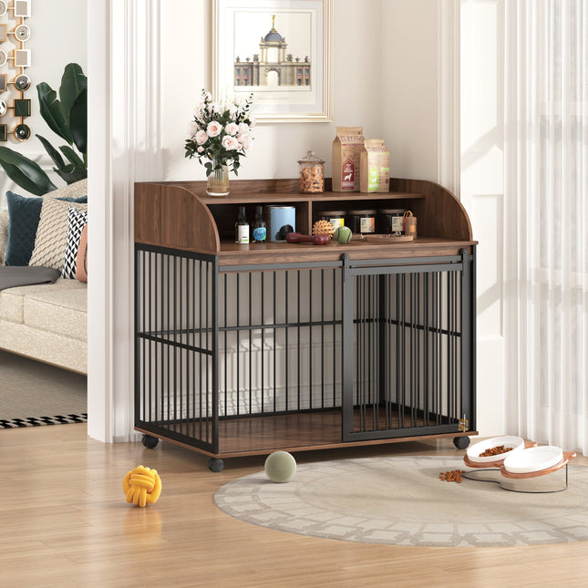 44'' Heavy Duty Large Dog Crate Furniture for Large Medium Dog With Lockable Wheels, Wooden Dog Crate Dog Kennel, End Ta