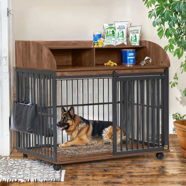 44'' Heavy Duty Large Dog Crate Furniture for Large Medium Dog With Lockable Wheels, Wooden Dog Crate Dog Kennel, End Ta